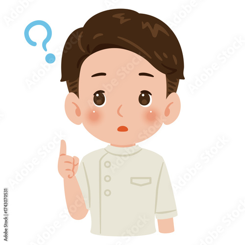 白色のケーシーを着た疑問を持つ男性　上半身イラスト／Confused man wearing a white medical tunic　upper body illustration