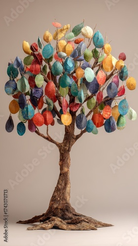 Eco-friendly tree created with recycled paper decorations on neutral background