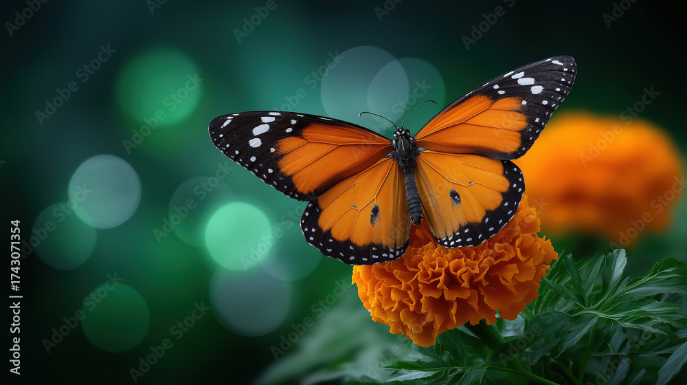 Fototapeta premium Colorful butterfly resting on marigold flower at sunset