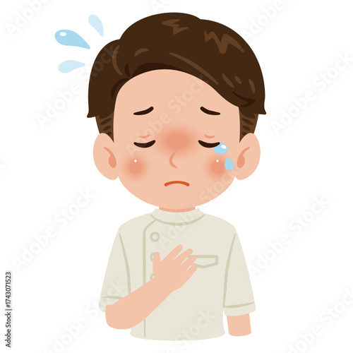 白色のケーシーを着た泣く男性　上半身イラスト／Crying man wearing a white medical tunic　upper body illustration