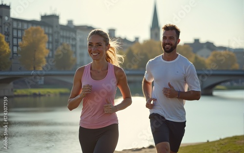 Modern woman and man jogging / exercising in urban surroundings near the river. High quality