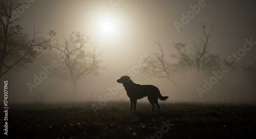 A lone dog's silhouette emerges from the thick, mystical fog, creating a spooky and atmospheric scene reminiscent of Halloween