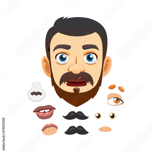 Man face emotions constructor parts eyes, nose, lips, beard, mustache avatar creator vector cartoon character creation spare parts spares animation.
