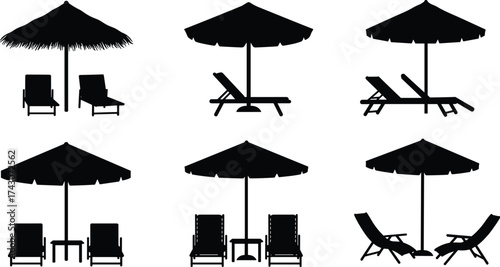 Silhouette set of tropical beach umbrellas and lounge chairs, summer holiday relaxation, outdoor resort furniture, seaside vacation vector illustration
