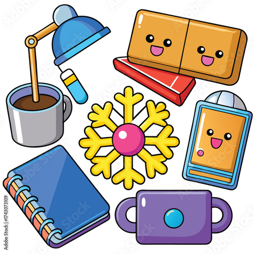 Festive office items vector bundle cartoon style scalable eps illustration isolated on white background