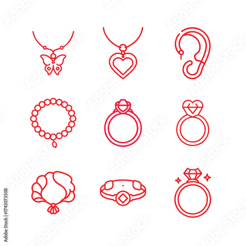 Set of nine red line art icons depicting various jewelry and personal accessories necklace