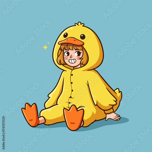Smiling person in yellow duck costume with orange feet and tufted hood sits playfully, sparkle nearby, on blue background.