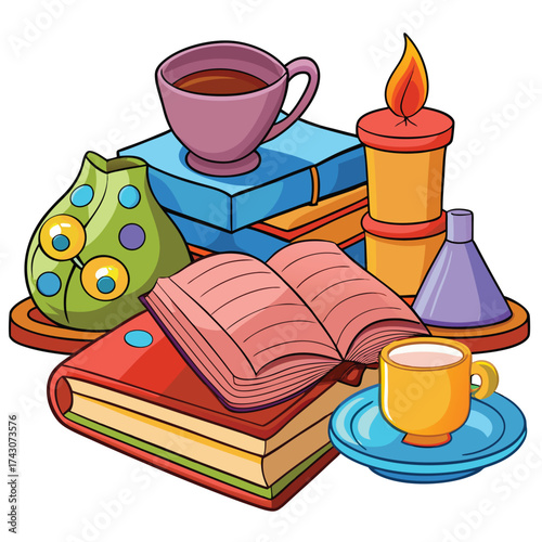 Clay style cute vector illustration stack of books and coffee cups for cozy scene isolated on white background