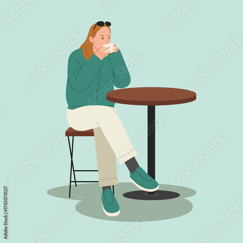 Young women sitting and drink a coffee flat vector illustration