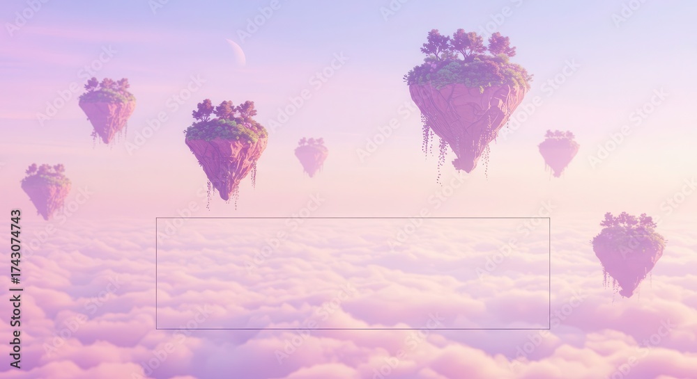 Obraz premium Evocative scene depicts floating islands with verdant trees and lush vegetation, drifting above a sea of billowing clouds in a dreamy, pastel-colored sky, creating an ethereal and imaginative...