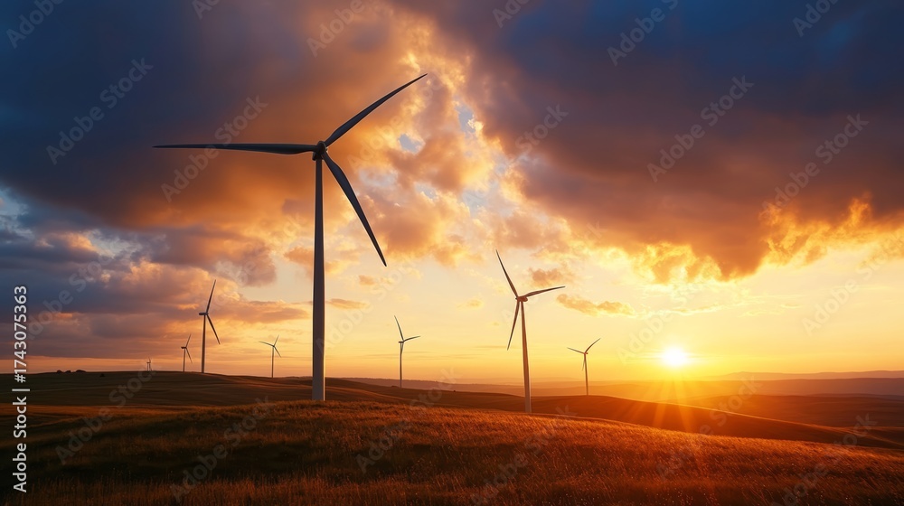 Obraz premium Wind energy power generation renewable energy farm landscape sunset panoramic view sustainable development