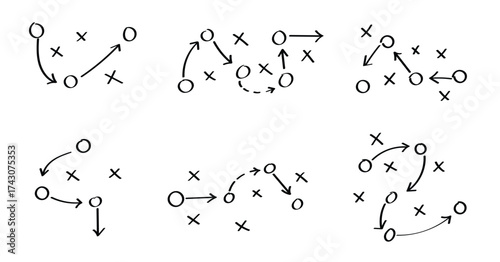 Sports tactical layout with player positions and arrows, strategy