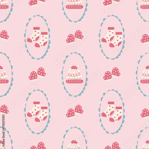 Wool hat, sock, and gloves with decorative frames on a pink background. Cute Christmas seamless pattern for clothing, fabric, wallpaper, backdrop, home decoration, cover book, and wall art.