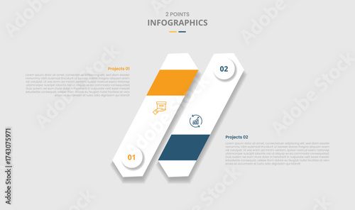 2 points comparison versus for infographic with long arrow rectangle skew tilt with drop shadow with two point list information