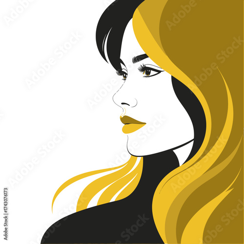 Abstract beauty portrait of a woman in profile, a stylish graphic design with dynamic flowing two-tone hair for a modern concept