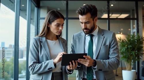 Confident business team collaborates using tablet in modern office, enhancing productivity and teamwork in dynamic workplace environment