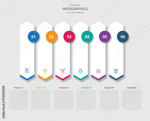 6 points template infographic with vertical hexagon arrow box vertical on horizontal list with drop shadow style with three stage list information