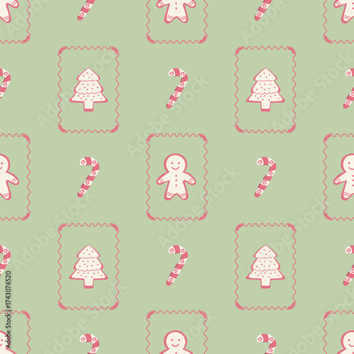 Candy, gingerbread, and a Christmas tree with decorative frames on a green background. Cute Christmas seamless pattern for clothing, fabric, wallpaper, backdrop, home decoration, cover book.