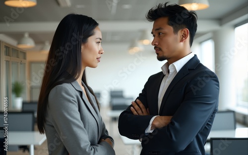 Tense Asian businesswoman looking at male partner with crossed arms. Two colleagues confronting each other in office space. Clashing personalities concept. High quality