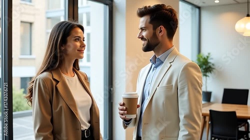  professional conversation between colleagues with fresh coffee in a modern office setting, building connections and strategic planning