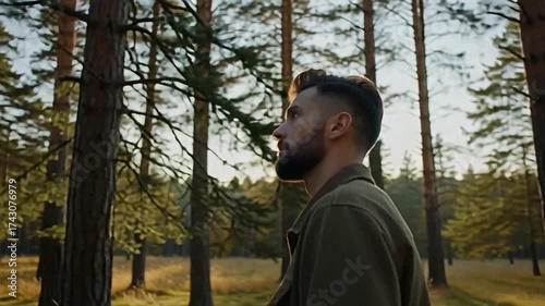 Man walking thoughtfully through sun drenched forest, enjoying nature's beauty and finding peace in the serene woodland setting