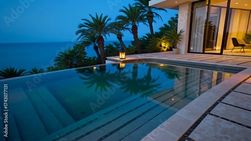 Experience luxury evenings beside the infinity pool, palms swaying in gentle breeze, ocean views, a serene escape to paradise and relaxation