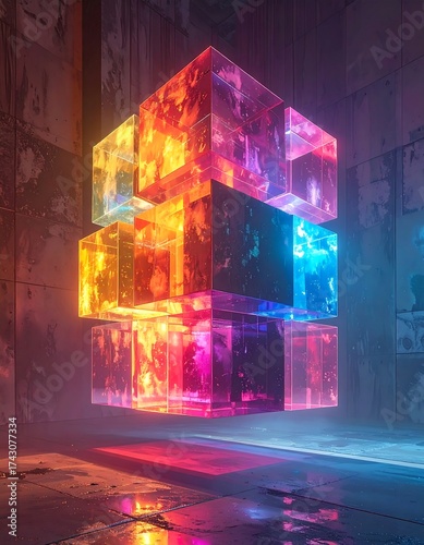 Abstract colorful cubes floating in a rough, industrial space