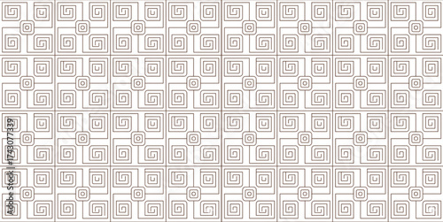 Seamless circle and dot lattice geometric pattern, brown thin outlines on white background, flat abstract vector design, 16:9 horizontal.