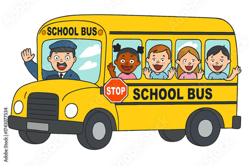 Happy School Bus with Driver and Waving Diverse Children Illustration