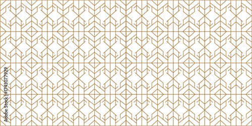 Seamless hexagonal maze pattern with brown thin lines on white background, modern geometric vector design, flat style, 16:9 horizontal.