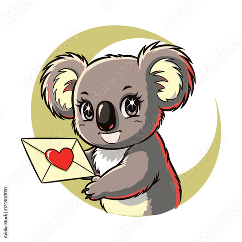 Cute Koala Bear Holding a Valentine's Day Card with Heart, Romantic Illustration