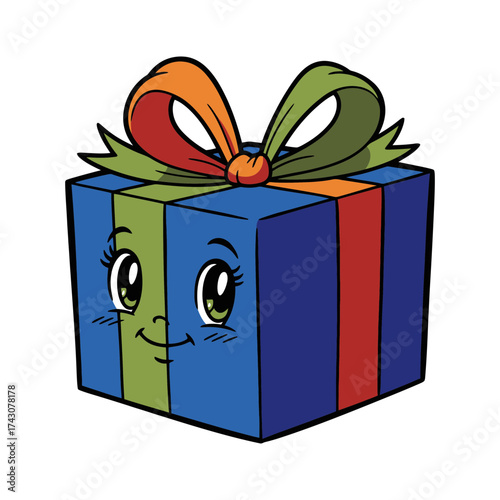 Cute cartoon blue gift box with a cheerful face, ribbon, and bow, perfect for celebrations and special occasions