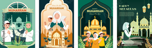 Modern Islamic New Year poster with golden accents and geometric patterns in elegant vector style.