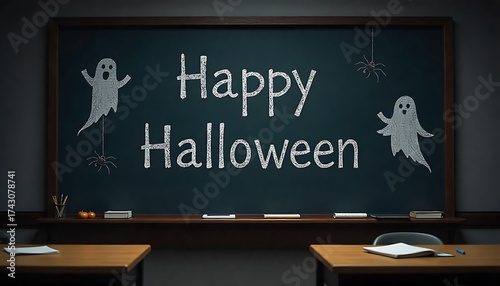 Happy Halloween chalkboard with spooky ghosts and spiders in a classroom setting, perfect for seasonal decorations and advertising