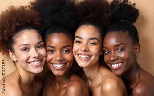 Multi ethnic beauty fashion hair, face and head skin care. Group of girls lies on beige background. High quality