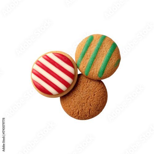 Delicious decorated holiday cookies with festive icing and a plain ginger biscuit