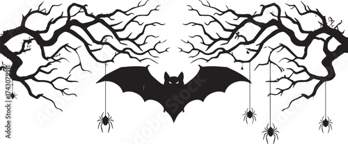 Halloween vector illustration of a bat with eerie tree branches and hanging spiders, ideal for spooky decorations, invitations, banners, and festive designs.