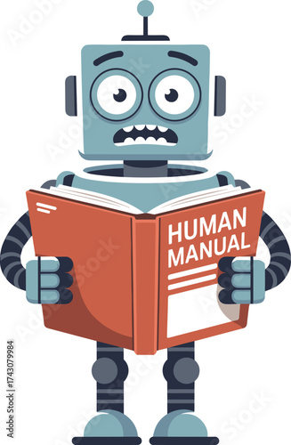 Distressed Retro Robot Mascot Reading a "Human Manual" - Confused AI Studying People Vector