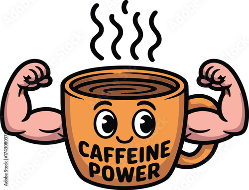Caffeine Power Coffee Mug Mascot Showing Biceps - Strong Energy Drink Cartoon Vector