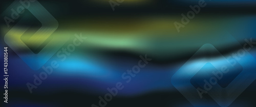 Abstract dark gradient background with subtle blue and green waves and geometric diamond line shapes.