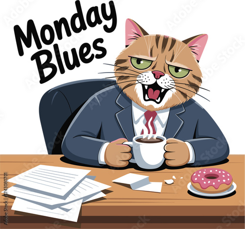 Monday Blues Tired Business Cat with Coffee Mug at Desk with Donut and Work Papers