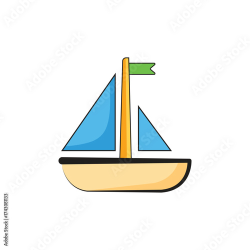 Cartoon sailboat with blue sails and yellow hull