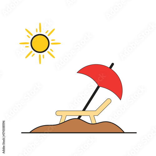 Illustration of a beach chair with umbrella and sun