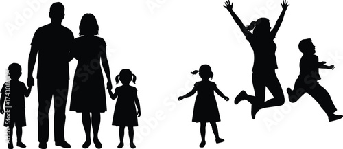 Family silhouettes illustration, parents with children, happy lifestyle concept, love and unity theme, playful bonding design, generational connection moment, flat vector