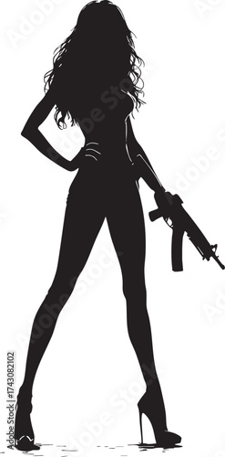 Silhouette of woman holding rifle with hand on hip in high heels against light pink background