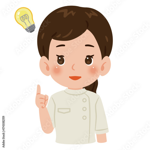 白色のケーシーを着た閃く女性　上半身イラスト／Woman wearing a white medical tunic having an idea　upper body illustration
