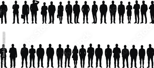 Flat vector silhouettes of diverse people standing in line, business attire, casual wear, gender mix, posture variation, social behavior, anonymity