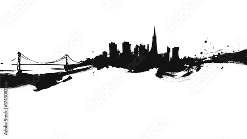 San Francisco skyline illustrated in expressive black ink brush grunge art