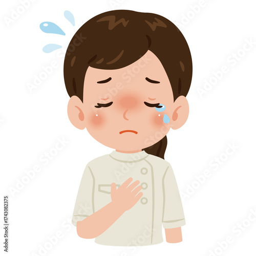 白色のケーシーを着た泣く女性　上半身イラスト／Crying woman wearing a white medical tunic　upper body illustration
