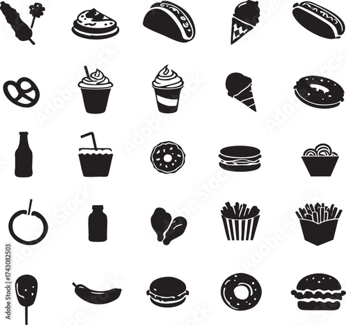 A collection of black and white food icons including burgers fries and desserts in a grid pattern